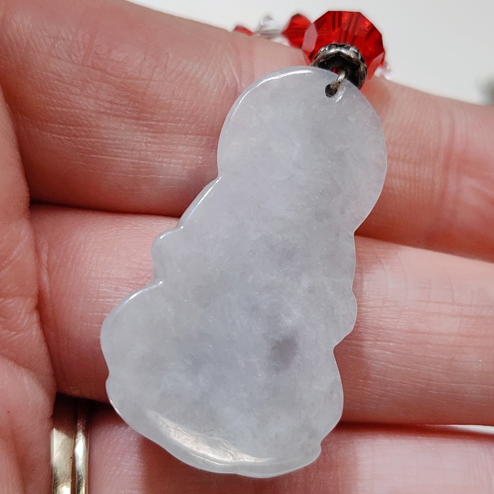 Vintage Carved Green Jadeite Gaunyin Pendant Necklace Red Clear Crystal Beads - Picture 5 of 14